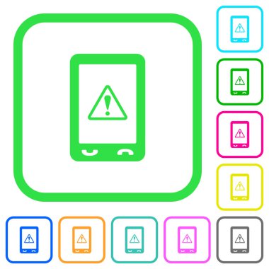 Beyaz arka plan üzerinde eğri sınırları içinde canlı renkli düz simgeler uyarı cep