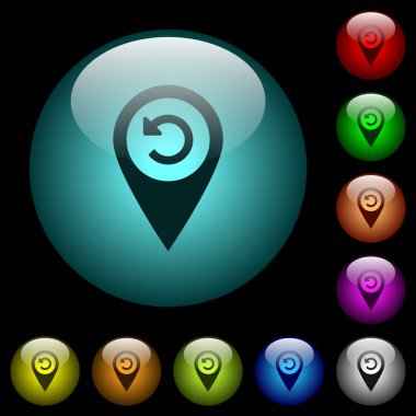 GPS harita konumu simgeleri renkli ışıklı küresel cam düğmeler siyah arka plan üzerine geri. Siyah veya koyu şablonları için kullanılabilir