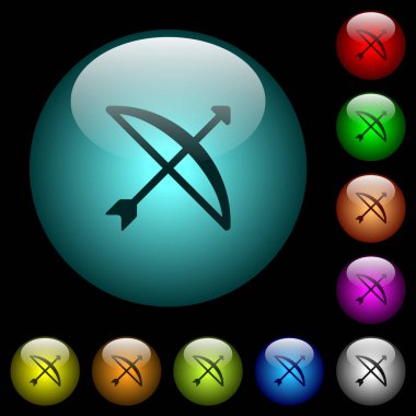 Renkli ışıklı küresel cam düğmeler siyah arka plan üzerine ok simgeleri ile yay. Siyah veya koyu şablonları için kullanılabilir