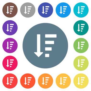 Sıralı liste düz beyaz modu simgeleri yuvarlak renkli arka planlar üzerinde azalan. 17 arka plan renk değişimleri dahil.