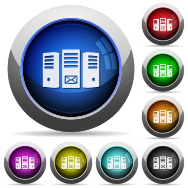 Mail server icons in round glossy buttons with steel frames clipart