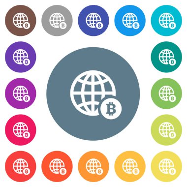 Online Bitcoin ödeme düz beyaz simgeleri yuvarlak renkli arka planlar. 17 arka plan renk değişimleri dahil.