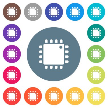Bilgisayar işlemci düz beyaz simgeleri yuvarlak renkli arka planlar. 17 arka plan renk değişimleri dahil.