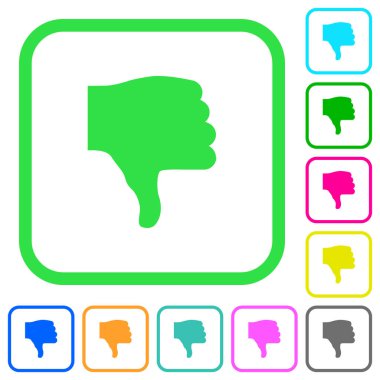 Başparmak aşağı beyaz arka plan üzerinde eğri sınırları içinde canlı renkli düz simgeler