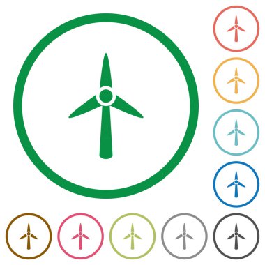 Rüzgar türbini düz renk simgeleri özetliyor beyaz arka plan üzerinde yuvarlak