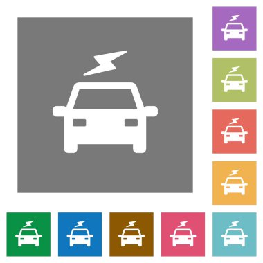 Basit renkli kare arka planlar üzerinde flaş düz simgelerle elektrikli otomobil