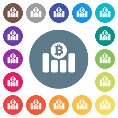 Bitcoin finansal grafik düz beyaz simgeleri yuvarlak renkli arka planlar. 17 arka plan renk değişimleri dahil.