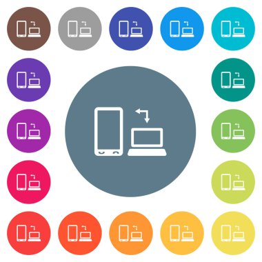 Syncronize mobil bilgisayar düz beyaz simgeler üzerinde yuvarlak renkli arka planlar ile. 17 arka plan renk değişimleri dahil.