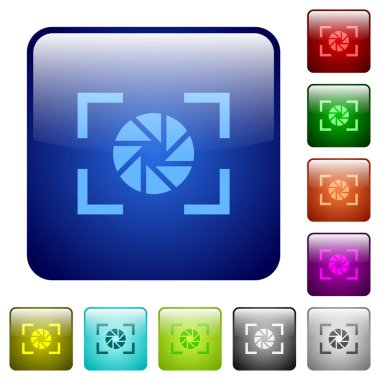 Parlak düğme kümesi kamera diyafram ayarı simgeler yuvarlak Meydanı'nda renk