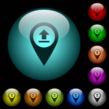 GPS harita konumu simgeleri renkli ışıklı küresel cam düğmeler siyah arka plan üzerine yükleyin. Siyah veya koyu şablonları için kullanılabilir