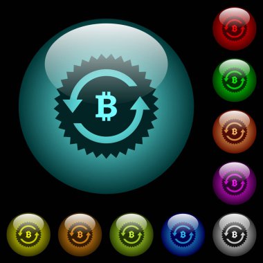 Bitcoin geri ödeme garanti renkli ışıklı küresel cam düğmeler siyah arka plan üzerine etiket simgeler. Siyah veya koyu şablonları için kullanılabilir