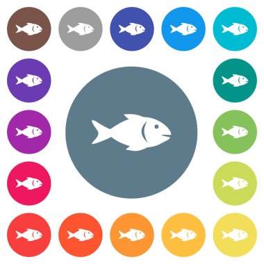 Balık yuvarlak renkli arka planlar üzerinde beyaz simgeler düz. 17 arka plan renk değişimleri dahil.