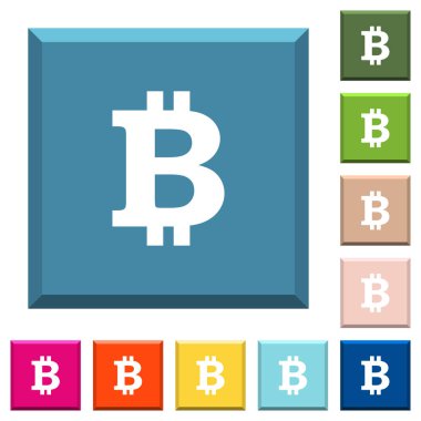 Bitcoin işareti simgeleri çeşitli moda renklerde ucu keskin kare düğmeleri beyaz
