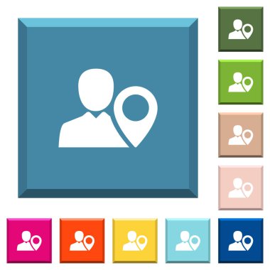 Kullanıcı konumu beyaz simgeleri çeşitli moda renklerde ucu keskin kare düğmeleri