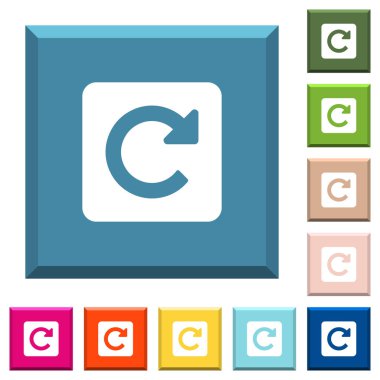 Şu beyaz simgeleri çeşitli moda renklerde ucu keskin kare düğmeler üzerinde döndürme