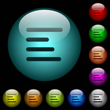 Metin rengi ışıklı küresel cam düğmeler siyah arka plan üzerine sol simgeleri hizalayın. Siyah veya koyu şablonları için kullanılabilir