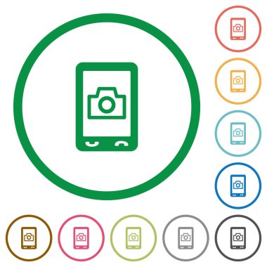 Mobil fotoğraf düz renk simgeleri beyaz arka plan üzerinde yuvarlak özetliyor