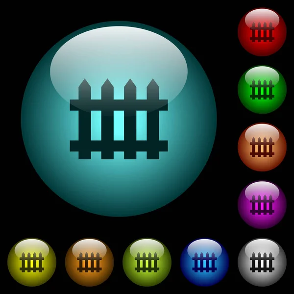 Iconos Valla Color Iluminado Botones Vidrio Esférico Sobre Fondo Negro — Vector de stock