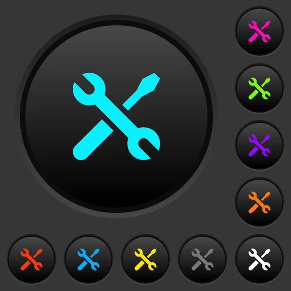 Maintenance Dark Push Buttons Vivid Color Icons Dark Grey Background — Stock Vector