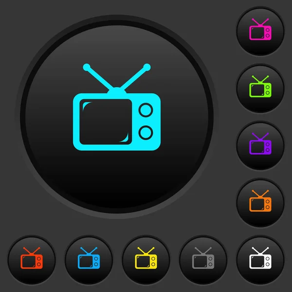 ヴィンテージ レトロなテレビ暗い暗い灰色の背景に色鮮やかなアイコンとボタンを押す — ストックベクタ