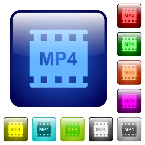 Mp4 Movie Format Icons Rounded Square Color Glossy Button Set — Stock Vector