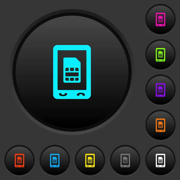 Mobile Sim Card Dark Push Buttons Vivid Color Icons Dark — Stock Vector