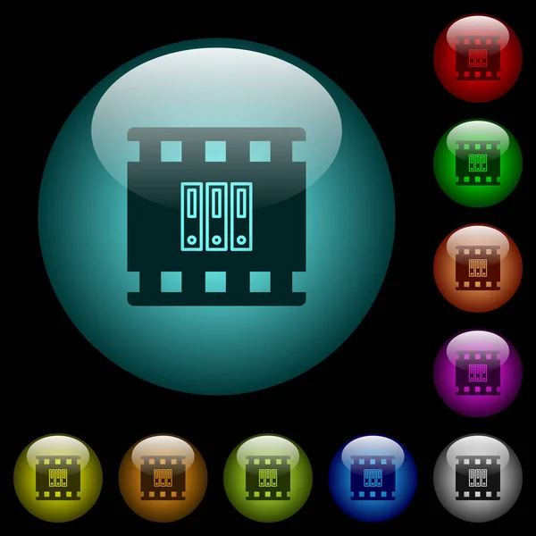 Archivfilmsymbole Farbig Beleuchteten Kugelförmigen Glasknöpfen Auf Schwarzem Hintergrund Kann Für — Stockvektor