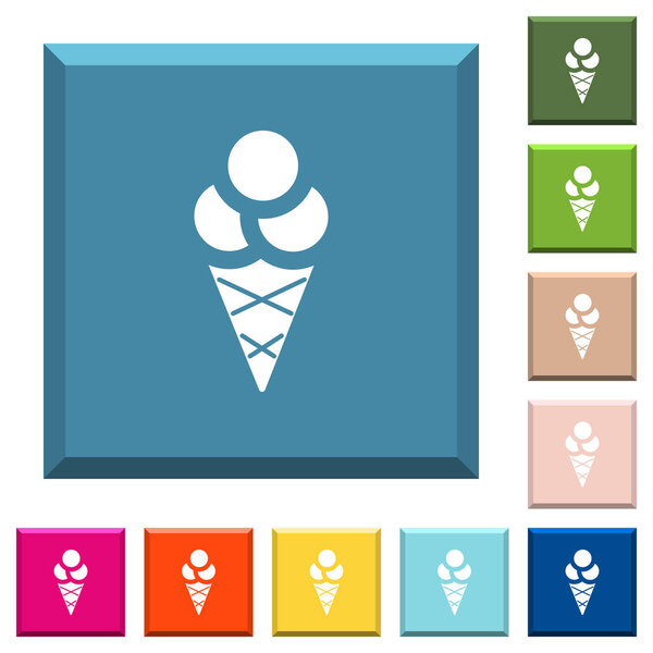 Ice cream white icons on edged square buttons in various trendy colors