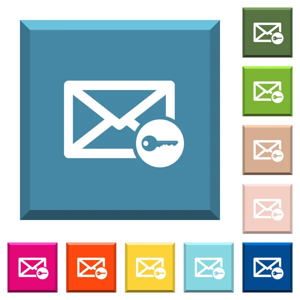 Iconos Blancos Correo Seguro Botones Cuadrados Con Bordes Varios Colores — Vector de stock