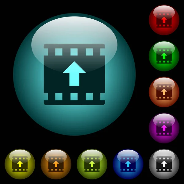 Move up movie icons in color illuminated spherical glass buttons on black background. Can be used to black or dark templates