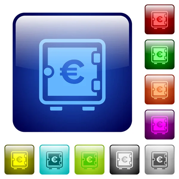Euro Ícones Caixa Forte Cor Quadrada Arredondada Conjunto Botões Brilhantes — Vetor de Stock