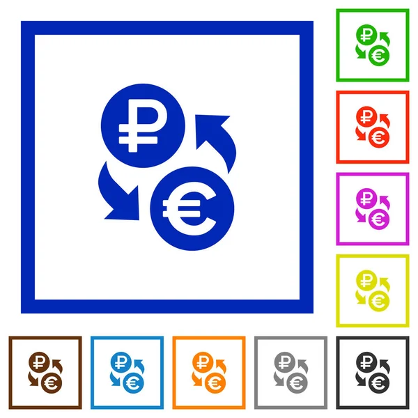 Euro Rublo Cambio Moneda Iconos Color Plano Marcos Cuadrados Sobre — Vector de stock