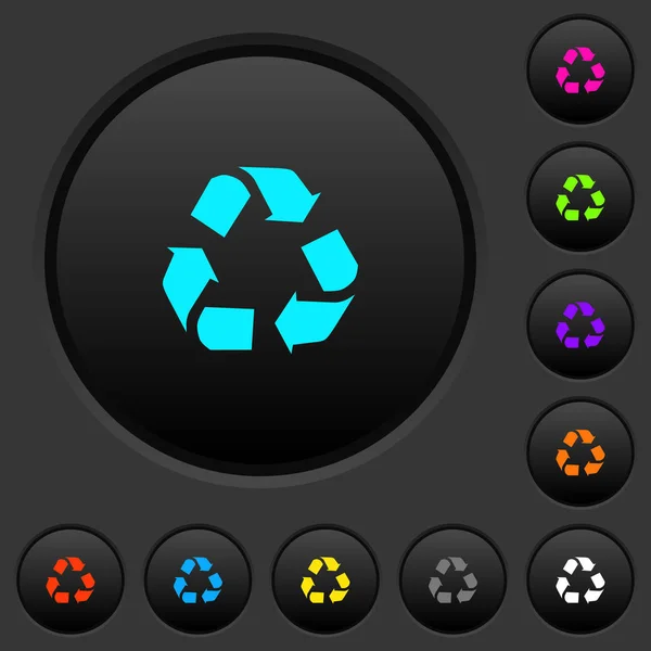 暗い灰色の背景に鮮やかな色のアイコンを持つ暗いプッシュ ボタンをリサイクル — ストックベクタ