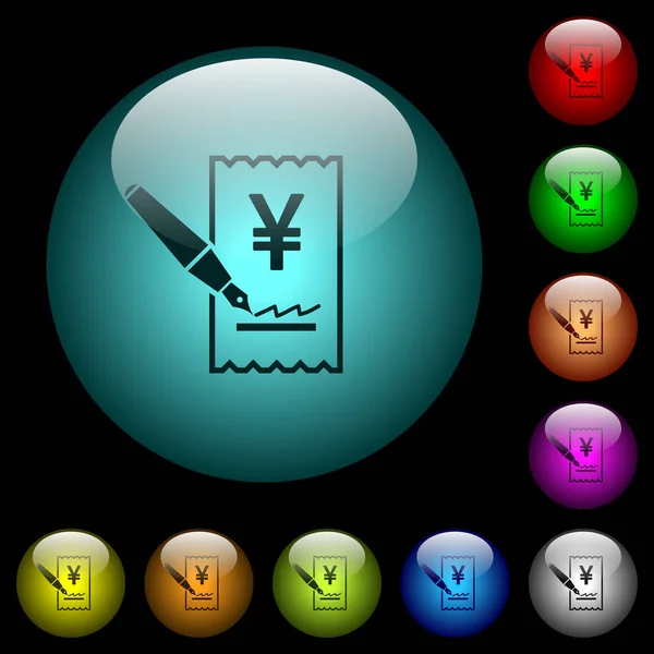 Underteckna Yen Check Ikoner Färg Upplyst Sfäriska Glas Knappar Svart — Stock vektor
