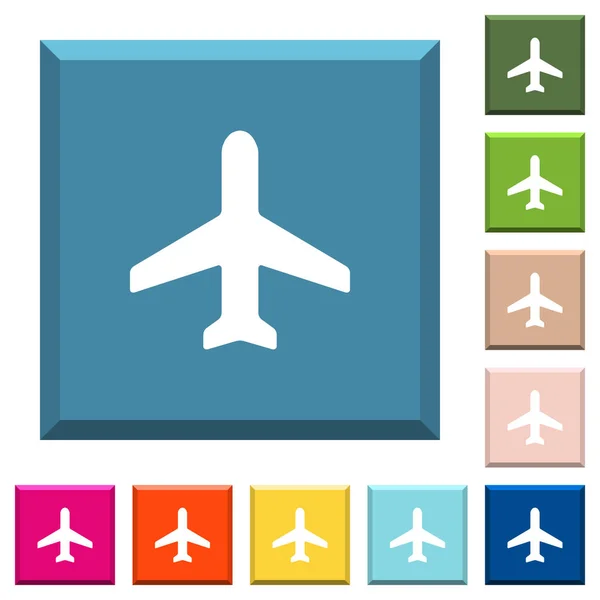 Airplane White Icons Edged Square Buttons Various Trendy Colors — Stock Vector