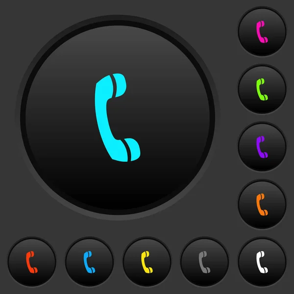 暗い灰色の背景に色鮮やかなアイコンと電話記号暗いプッシュ ボタン — ストックベクタ