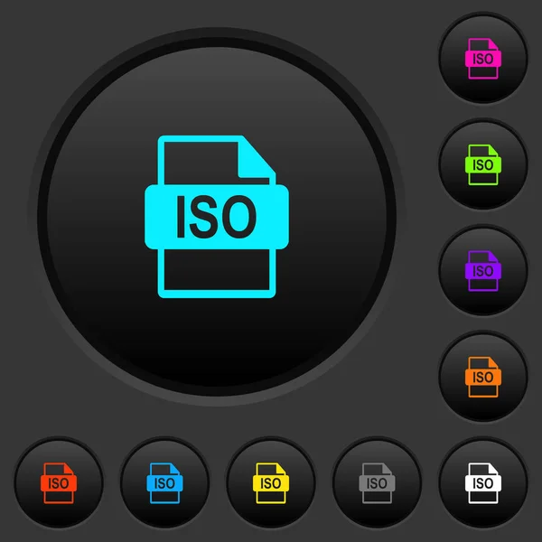 Iso Fájl Formátum Sötét Nyomógomb Élénk Színek Ikonok Sötét Szürke — Stock Vector