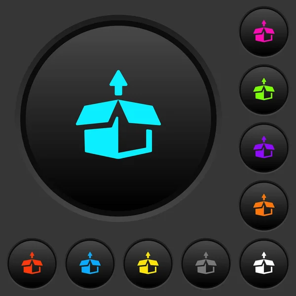 Packa Upp Från Rutan Mörka Tryckknappar Med Levande Färgikoner Mörk — Stock vektor