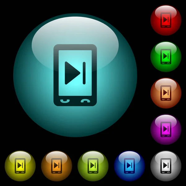 移动媒体下一个图标在彩色照明球形玻璃按钮黑色背景 可用于黑色或深色模板 — 图库矢量图片