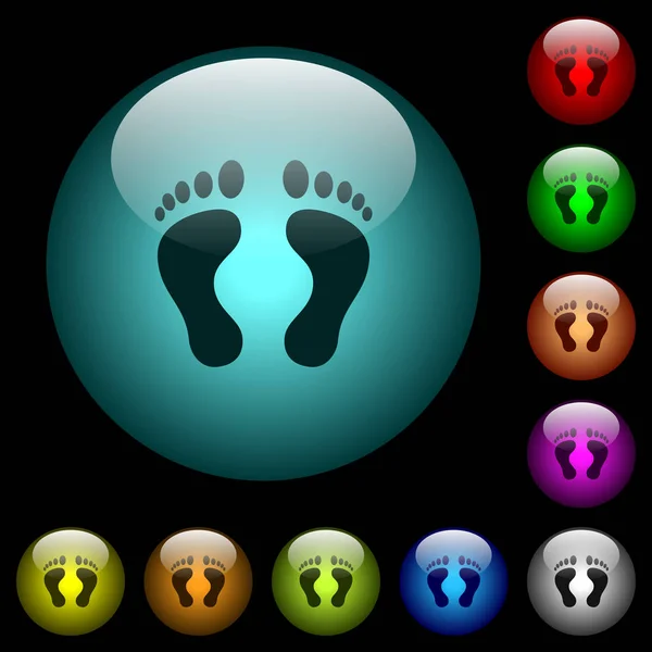 Human Footprints Icons Color Illuminated Spherical Glass Buttons Black Background — Stock Vector