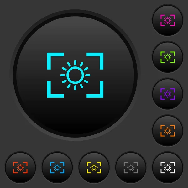 Kamerahelligkeit Einstellung Dunkler Tasten Mit Lebendigen Farbsymbolen Auf Dunkelgrauem Hintergrund — Stockvektor