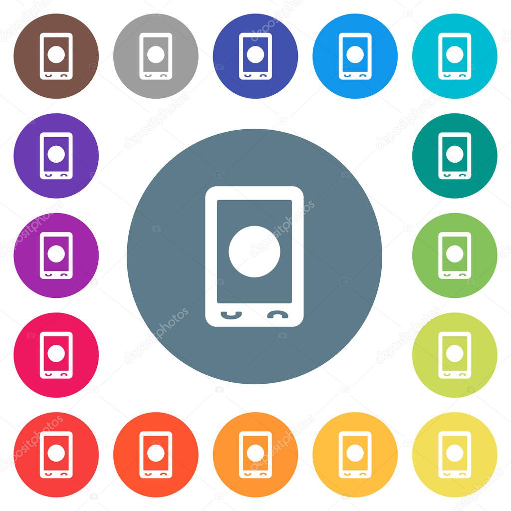 Mobile media record flat white icons on round color backgrounds. 17 background color variations are included.
