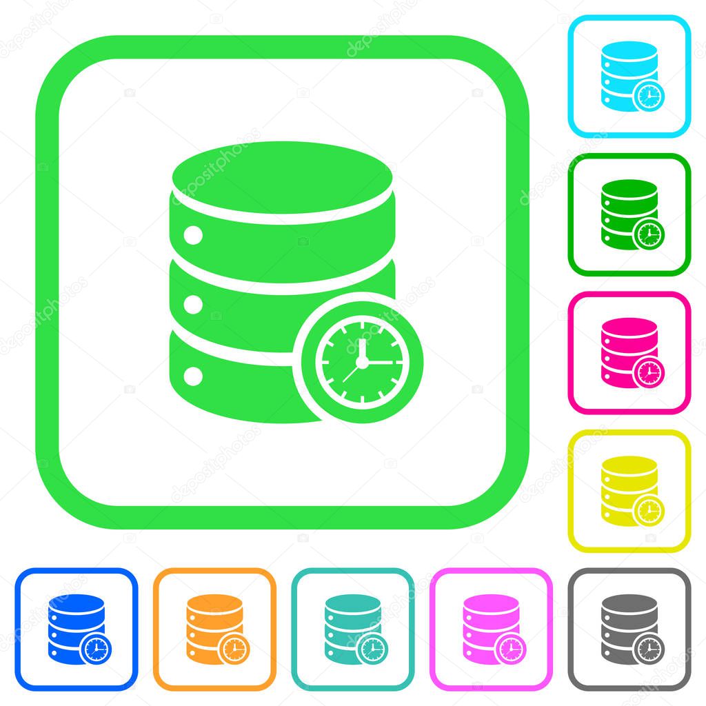 Database timed events vivid colored flat icons in curved borders on white background