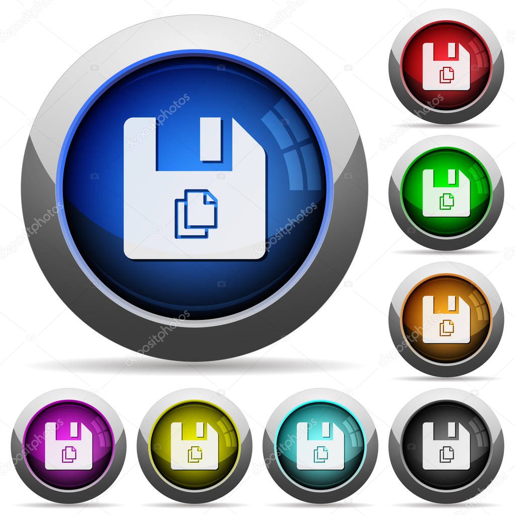 Copy file icons in round glossy buttons with steel frames