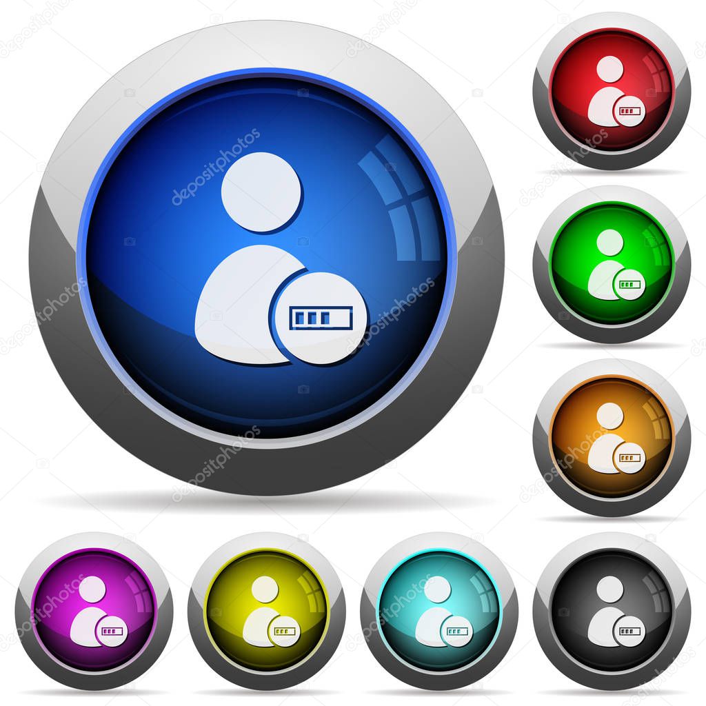 User account processing icons in round glossy buttons with steel frames