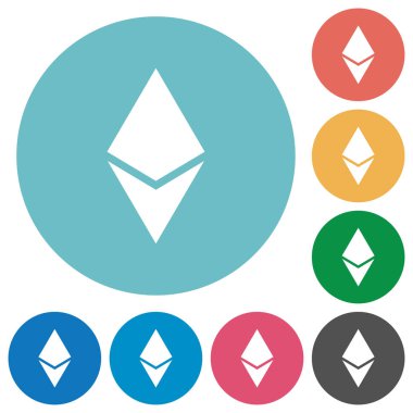 Ethereum dijital cryptocurrency düz beyaz simgeleri yuvarlak renkli arka planlar