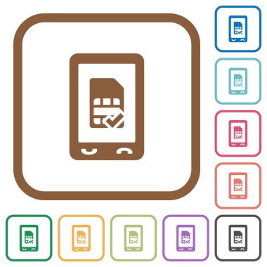 Kare kare beyaz arka plan üzerinde renkli basit simgeler yuvarlak mobil simcard kabul