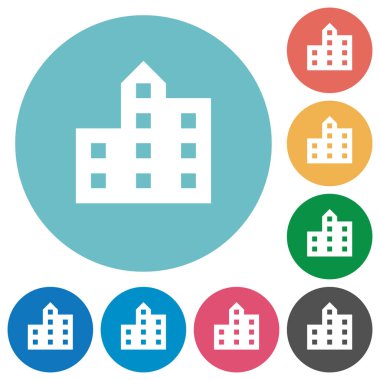 Şehir düz beyaz siluet simgeler yuvarlak renkli arka planlar