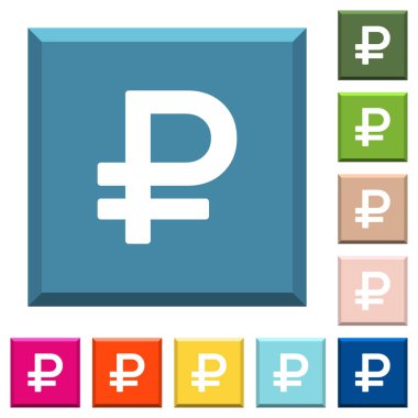 Rublesi işareti simgeleri çeşitli moda renklerde ucu keskin kare düğmeleri beyaz