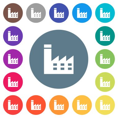 Fabrika düz beyaz simgeler yuvarlak renkli arka planlar üzerinde bina. 17 arka plan renk değişimleri dahil.